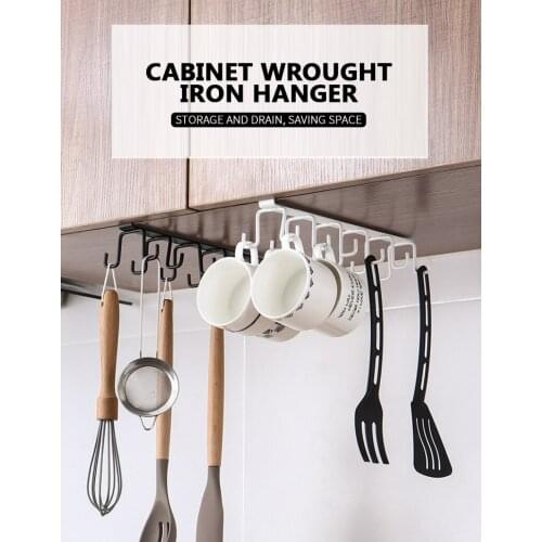 Kitchen Double-row Hook Hanging Cup Holder Household Punch-free Wall Cabinet Hook Spatula Holder Cup Storage Wrought Iron