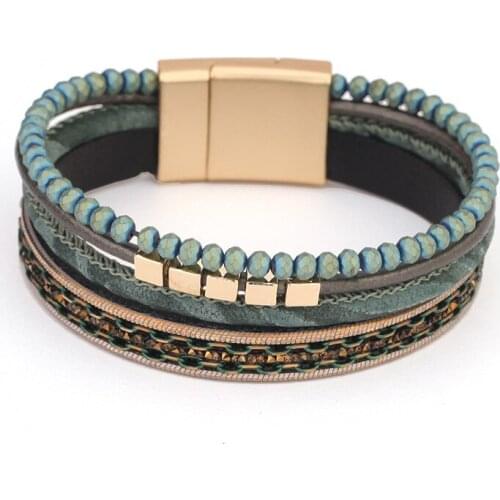 Multilayer Wide Bracelets for Women Beads and Rhinestone Leather Bracelet Female Magnets Clasp Bangles Lucky Jewelry