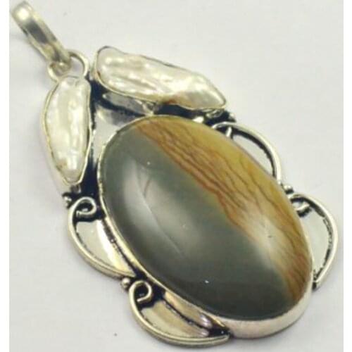 Mookaite Jaspers & Biwa Pearls Pendant Silver Overlay over Copper, Total Length: 70mm , P3790