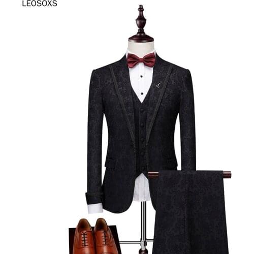 Three Piece Suits Men 2020 Slim Fit Wedding Tuxedo For Groom Black Floral Print Suits Man Party Prom Dinner Suit