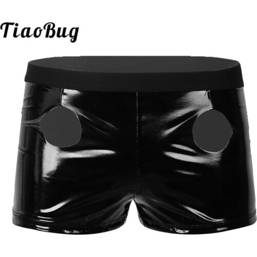 Men Wet Look Black Patent Leather Lingerie Low Rise Front Two Holes Slim Fit Tight Boxer Shorts Adult Male Sexy Gay Underwear