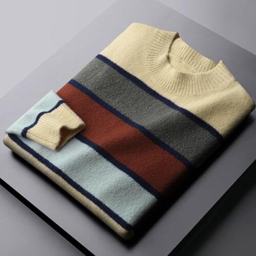 Classic Autumn Winter Male Sweaters High Quality Round Collar Thicken Stripe Mens Sweaters Fashion Fit Mock Neck Man Sweater