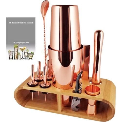 Stainless Steel Gold Black Mixer Jigger Metal Boston Cocktail Shaker Set with Bamboo Stand Martini 1-13 Piece Bar Bartender Kit