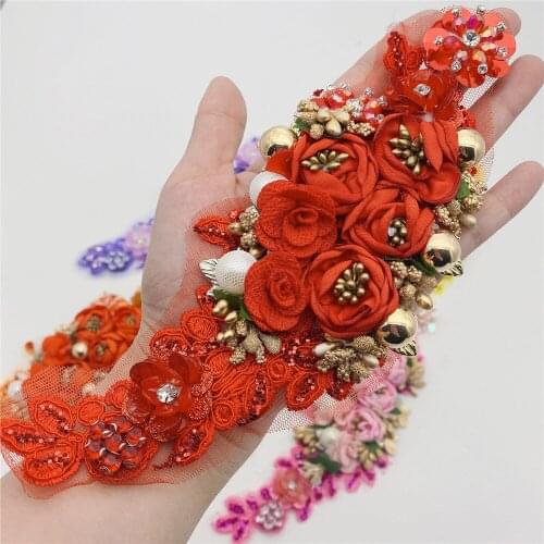 New design handmade 3d flowers sew on applique embroidery rhinestone flowers patch for wedding dress DIY