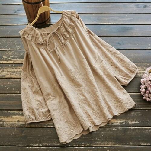 Autumn Women Top Literary Vintage Ruffled Collar Drawstring Embroidery Cotton Pullover Long Sleeve Loose Shirt Blouse Women 2020