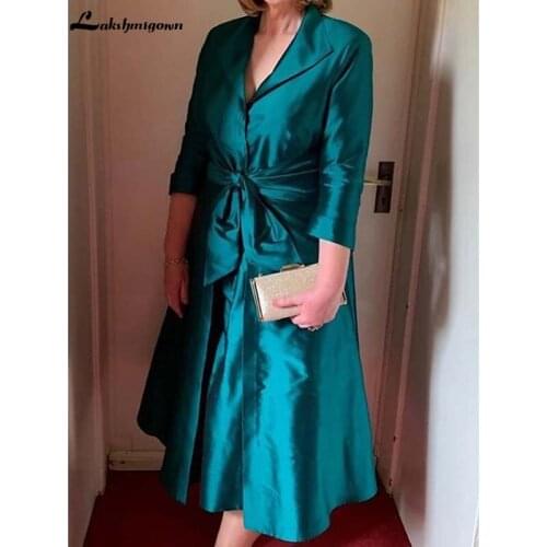 Plus size A-Line Mother of the Bride Dress Elegant Queen Anne Ankle Length Satin 3/4 Length Sleeve with Sash / Ribbon