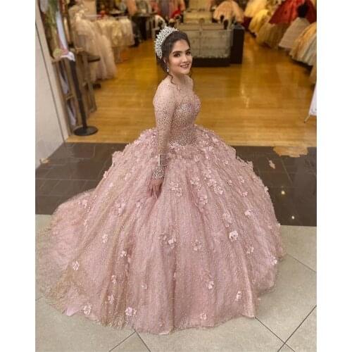Roaw Pink Sparkly Ball Gown Quinceanera Dresses Bridal Gowns Long Sleeve Sweet 16 Dress vestidos de xv años anos