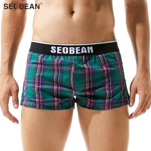 SEOBEAN 100% Cotton Underwear Men Plaid Boxers Underpants Men Home Casual Boxer Shorts Sleepwear Penis Pouch Boxers for Man