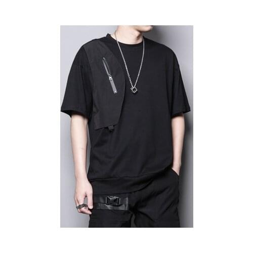 Dark summer loose zipper stitching personalized uniform design round collar black and white casual short-sleeved t-shirt male
