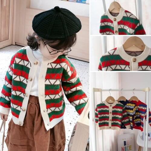 Boys Girls Striped Outerwear Knitted Wear Cute Coat 2021 Autumn Winter Clothing Sweater Children Cardigan Christmas Birthday