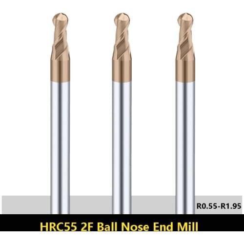 1pcs 2 Flute HRC55 Vertical Ball Nose End Mills Coated Alloy Tungsten Steel Spher Mill CNC Spherical Milling Cutter R0.55-R1.95