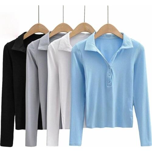 Full Sleeve T-shirts for Women Turn-down Collar Tee Tops 2021 Spring Summer Basic Short Style T-shirts Garment