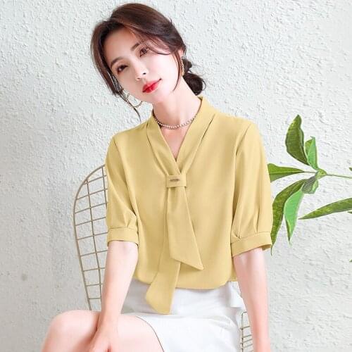 Womens Tops and Blouses Chiffon 2021 New Korean Fashion Women Blouses Short Sleeve V-neck Shirts Plus Size XXL Ladies Tops