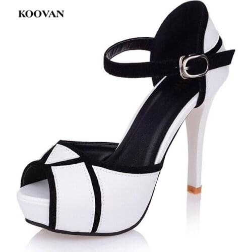 Koovan Womens Pumps 2018 Summer Hollow Buckle Female Sandals Spell Color Fish Mouth High Heels Young Daily Women Shoes