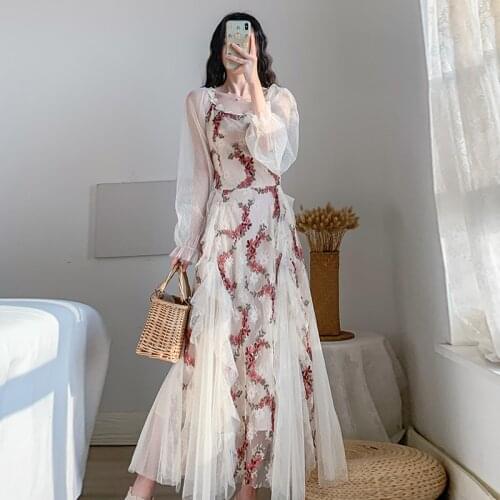 JSXDHK High Quality Fashion Women Mesh Floral Long Dresses Luxury Spring Embroidery Flower Ruffles Holiday Maxi Dress Vestidos