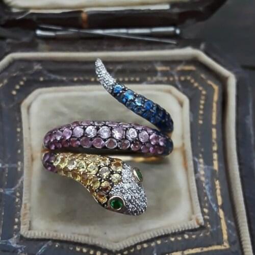 Boho Colorful Crystal Snake Engagement Ring Retro Punk Cobra Shaped Exaggerated Spirit Wedding Rings for Women Fashion Jewelry