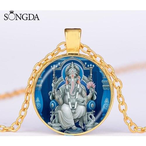 2021 Ganesha Hindu Gods Goddess Necklace God of Fortune Indian Elephant Glass Pendant Golden Chain Choker Ganesh Jewelry