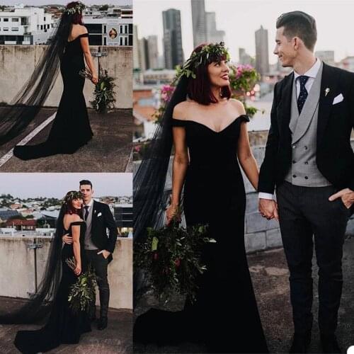 2021 Gothic Black Satin Mermaid Wedding Dresses With Veil Off Shoulder Backless Bridal Gowns Sweep Train Country Boho Marriage D