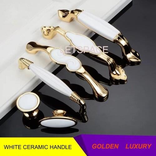 Free shipping Modern simple wardrobe door handles High-grade ceramic funiture pulls Drawer handle K golden cabinet kitchen knobs