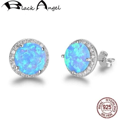 BLACK ANGEL Elegant Simple Fire Opal Earrings 925 Sterling Silver Blue Opal Hamsa Stud Earring for Women Jewelry Gift