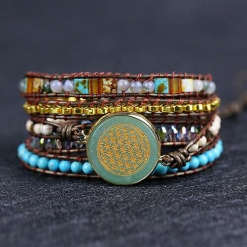 Energy Aogen Bracelet Green Dongling Hand Woven Multi-layer Leather Bracelet Light of Life Totem Bracelet Natural Stone Bracelet