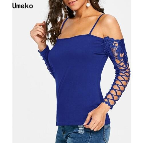 Umeko 2020 Summer O-neck T-shirt Strap Off Shoulder Sexy T-shirts Lace Stitching Female Casual Slim T Shirts Top Plus Size S-5XL