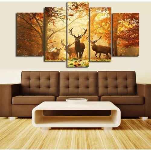 Canvas Painting 5 Panel Animal Deer Forest Modern Art Live Wall Decoration Pictures Landscape Painting Home Modern Decor