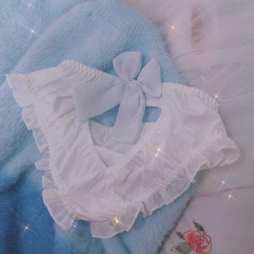 Kawaii Girl Japanese Love Hollow Pure White Light Blue Milk Silk Bow Ladies Briefs Cosplay Lolita