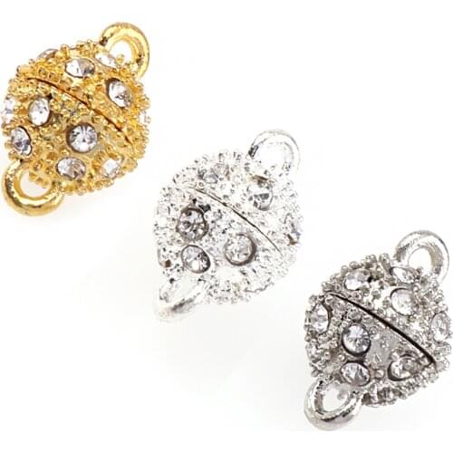 5pcs 10mm 3Colors Round With Diamond Magnetic Clasps Leather Cord Jewelry Necklace Link Findings