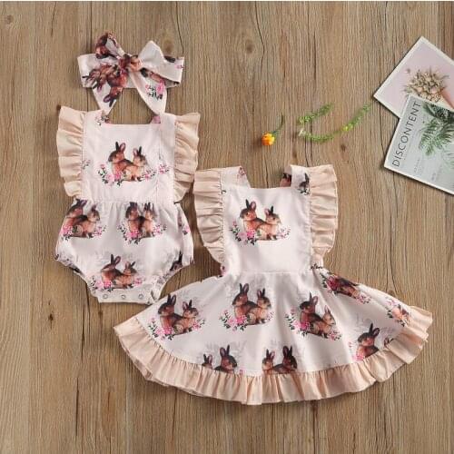 Summer Family Matching Outfits Clothing Girls Rabbit Floral Print Square Collar Fly Sleeve Dress Baby Romper with Headwear
