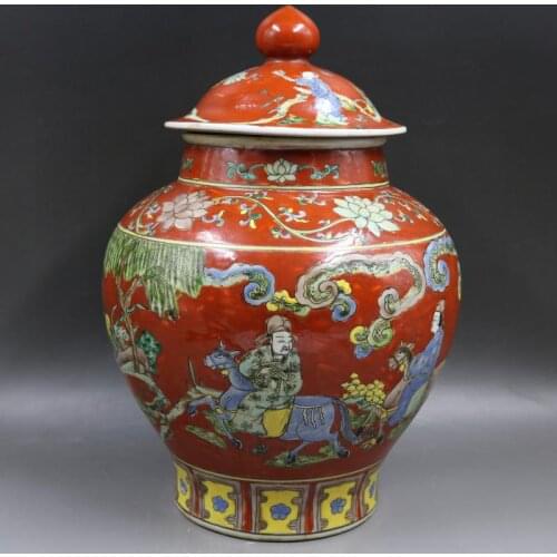 Ming Jiajing Red Ground Pastel Figure Porcelain Ginger Jar Home Furnishing Collection ceramic temple jar vase