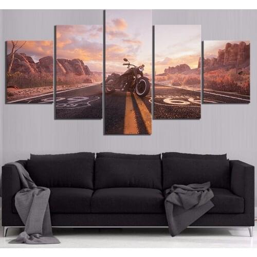 Wall Art Canvas Paintings 5 Piece HD Picture Road Numbers Route 66 Motorcycle Vehicle Poster Wall Sticker Landscape Home Decor