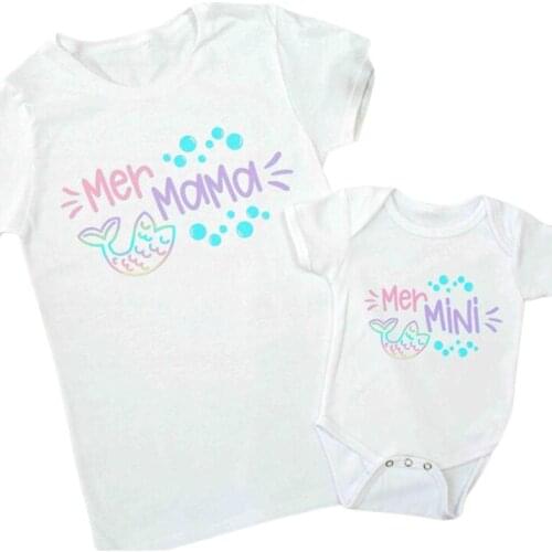 Family Look T-shirts Fashion Mama and Mini Mermaid Print Family Matching T-shirt Short Sleeve Mother and Daughter Clothes Cotton