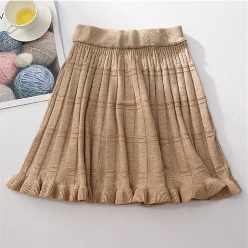 Autumn Winter Women Pleated Sweater Skirt Ruffle Short Skirts Elastic High Waist Knitted Skirt Female A-line Mini Skirt AB1643