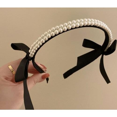 Black pearl bow hair band summer high-level sense of retro French temperament pressure hair headband Korean headdress women