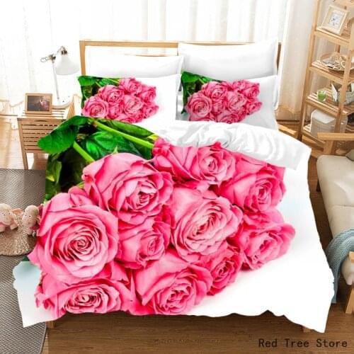 Luxury Pink Rose 3D Print Bedding Set Duvet Quilt Cover Set Comforter Bed Linen Pillowcase Full King Queen Size Home Use Texitle