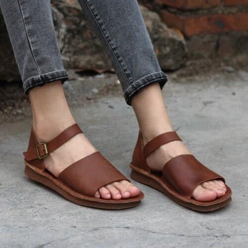 Women Flat Sandals 2020 Summer Sandals Women Shoes 100% Authentic Leather Peep toe Sandals Woman Beach Shoes Female Footwear