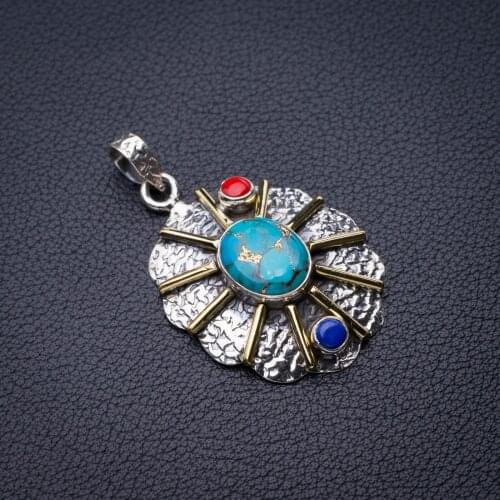 StarGems Natural Two Tones Copper Turquoise,Red Coral And Lapis Lazuli Handmade 925 Sterling Silver Pendant 1.75" D6170