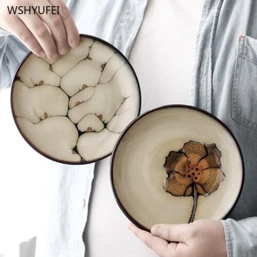 1Pcs Vintage old plant flower round ceramic plate western steak salad dessert cake sushi home kitchen storage decorative plate