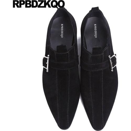 Metal Monk Strap Pointed Toe Nubuck Black Party Italy Real Leather Genuine Dress British Style Men Formal Suede Shoes Italian
