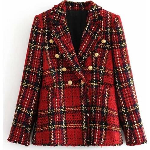 Vintage women elegant red plaid blazer jackets 2021 fashion ladies double breasted suits coat casual female chic blazers girls