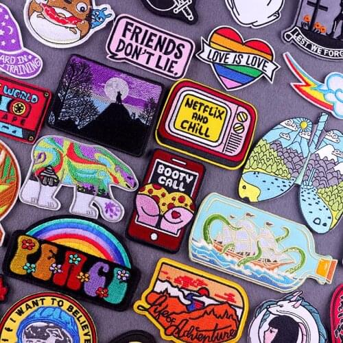 Van Gogh Embroidered Patches For Clothing Cartoon Stripes Iron On Patches For T-shirt Rainbow Stickers Mountain Patch Appliques