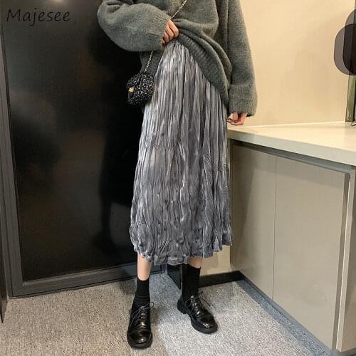 Pleated Skirts Womens Vintage High Waist Long Skirt Autumn Elastic Casual Party Lady Style Collage Skinny Korean Style Female