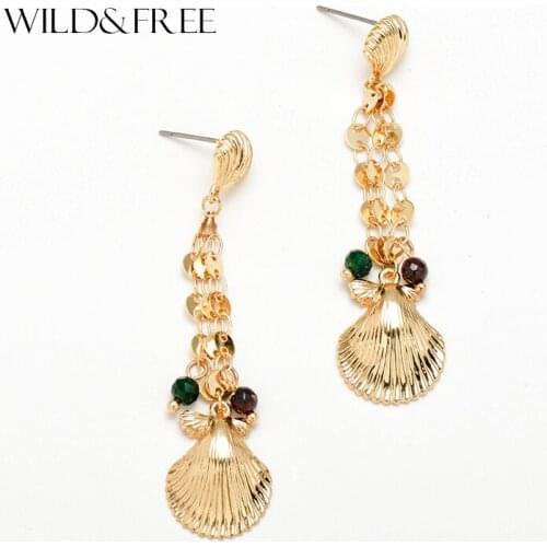 Wild&Free 2019 New Boho Gold Shell Dangle Earrings For Women Gold Sequins Long Tassel Drop Earring Fashion Jewelry Wedding Gift