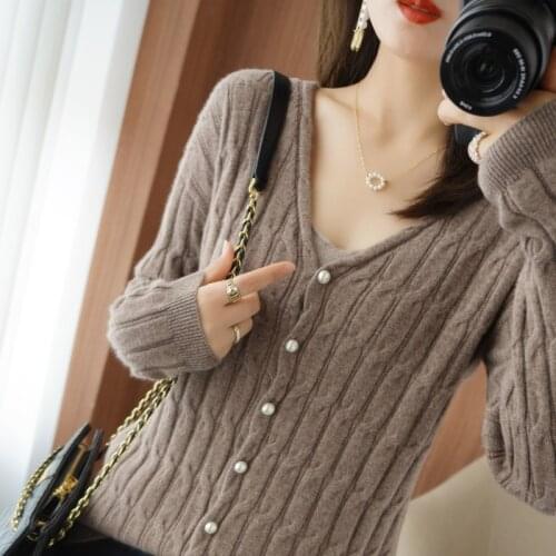 2021 Spring Autumn New Ladies Cardigan Pocket V-Neck Black Knitted 100% Pure Wool Fashion Loose Long-Sleeved Women Sweater