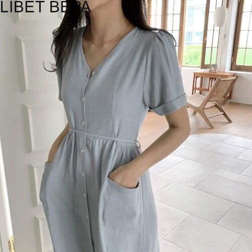 2021 New Summer Women Dresses High Waist V-Neck Lace Up Single Breasted Elegant Minimalist Style Pockets Lady Long Dress DR2251