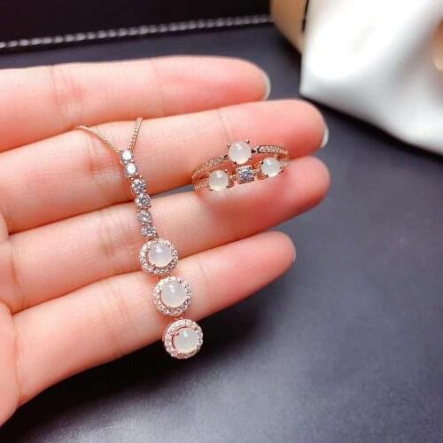 Natural Jadeite Ring Pendant Necklace Set S925 Silver Fine Fashion Small Fresh Style Wedding Jewelry For Women Free Shipping