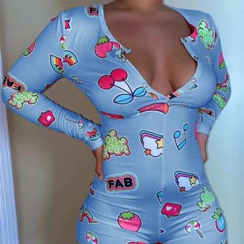 2020 Summer Button Cartoon Print Lady Jumpsuit Women Bodycon Plus Size Clubwear Romper Short Sexy Female Club Streetwear Clothes
