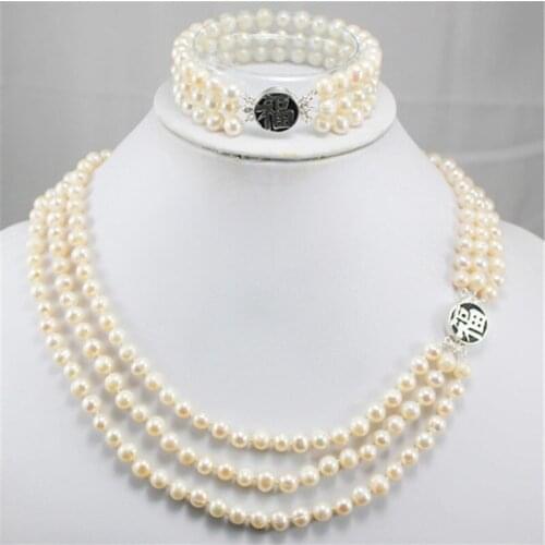 6-7mm Freshwater Pearl Strand Necklace Bracelet Beaded Bohemian 3 Multi Layered Statement Pearls Jewelry Sets Bride Wedding Bib