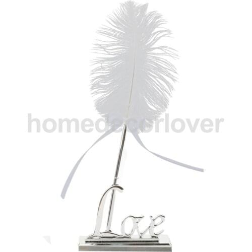 Wedding Reception White Ostrich Feather Quill Guest Book Signing Pen with Golden Love Pen Stand Holder Set